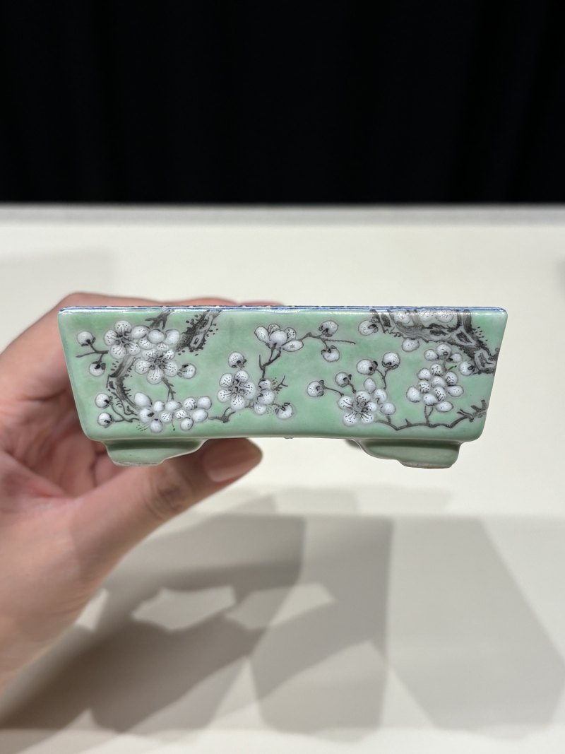 清光绪 绿地墨彩大雅斋花鸟纹方形花盆及盆托 - 图7