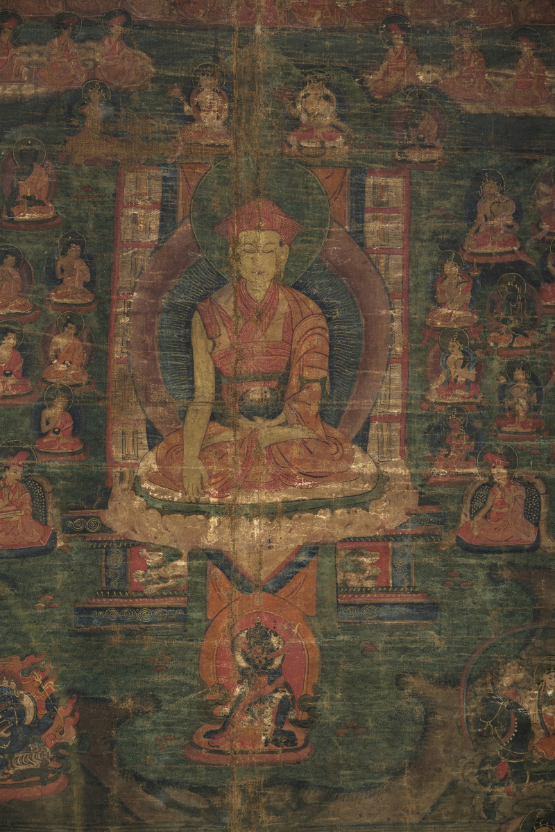 Thangka of a lama surrounded by numerous figures - 图3