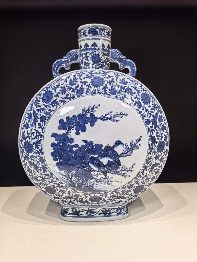 清乾隆 青花缠枝莲开光花鸟纹双耳抱月瓶 - 图5