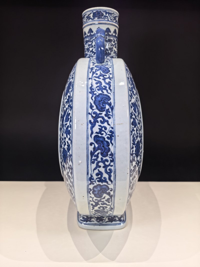 清乾隆 青花缠枝莲开光花鸟纹双耳抱月瓶 - 图6