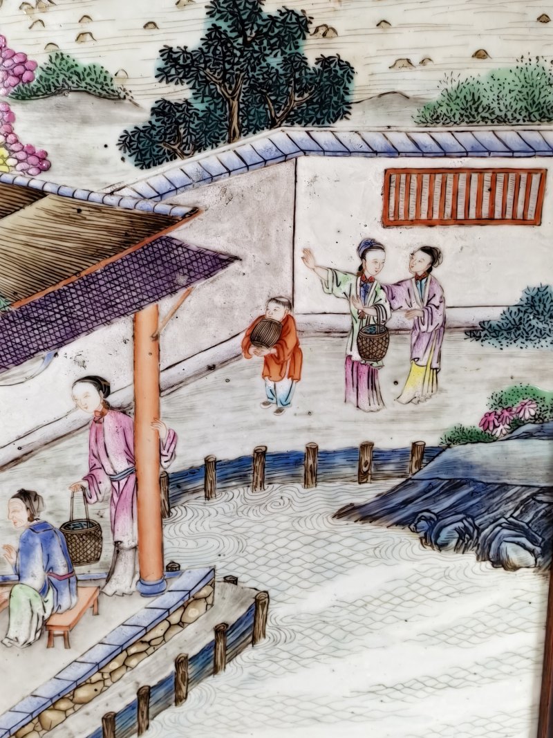 清中期 粉彩耕织图瓷板 - 图5