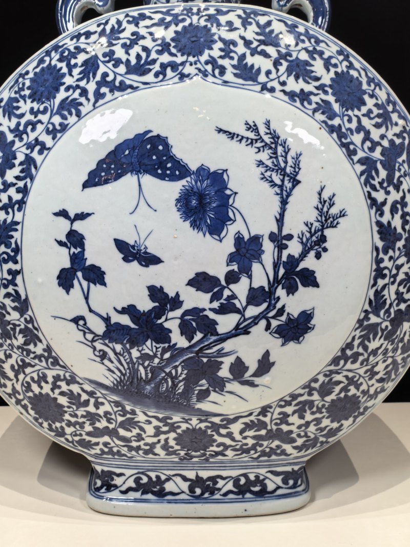 清乾隆 青花缠枝莲开光花鸟纹双耳抱月瓶 - 图7