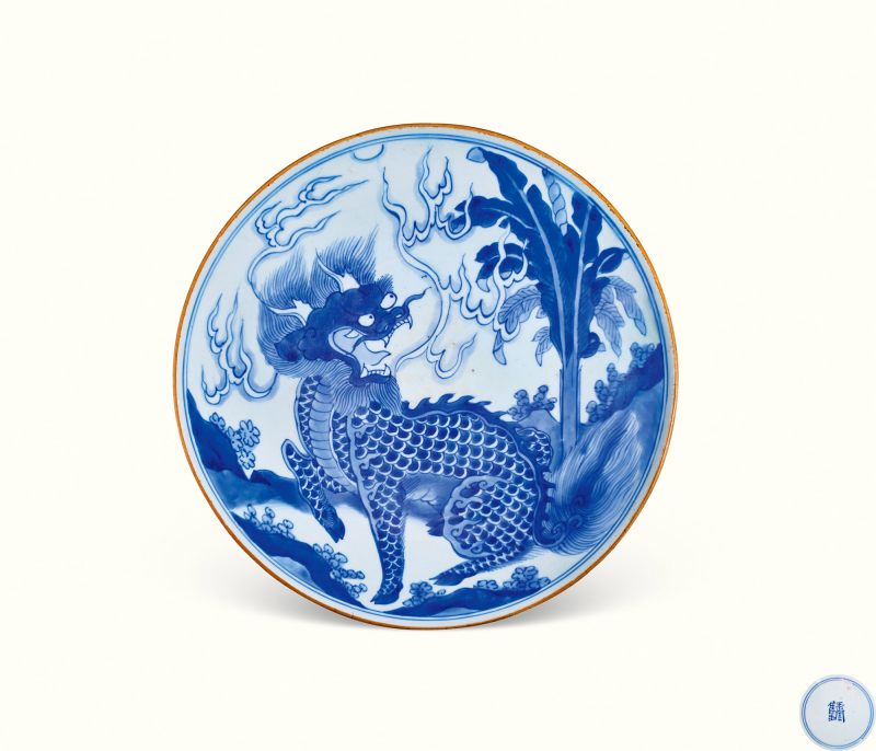 清顺治 青花麒麟芭蕉纹大盘