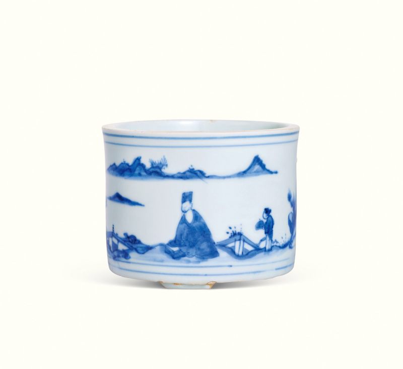 明崇祯 青花陶渊明爱菊图小琴炉
