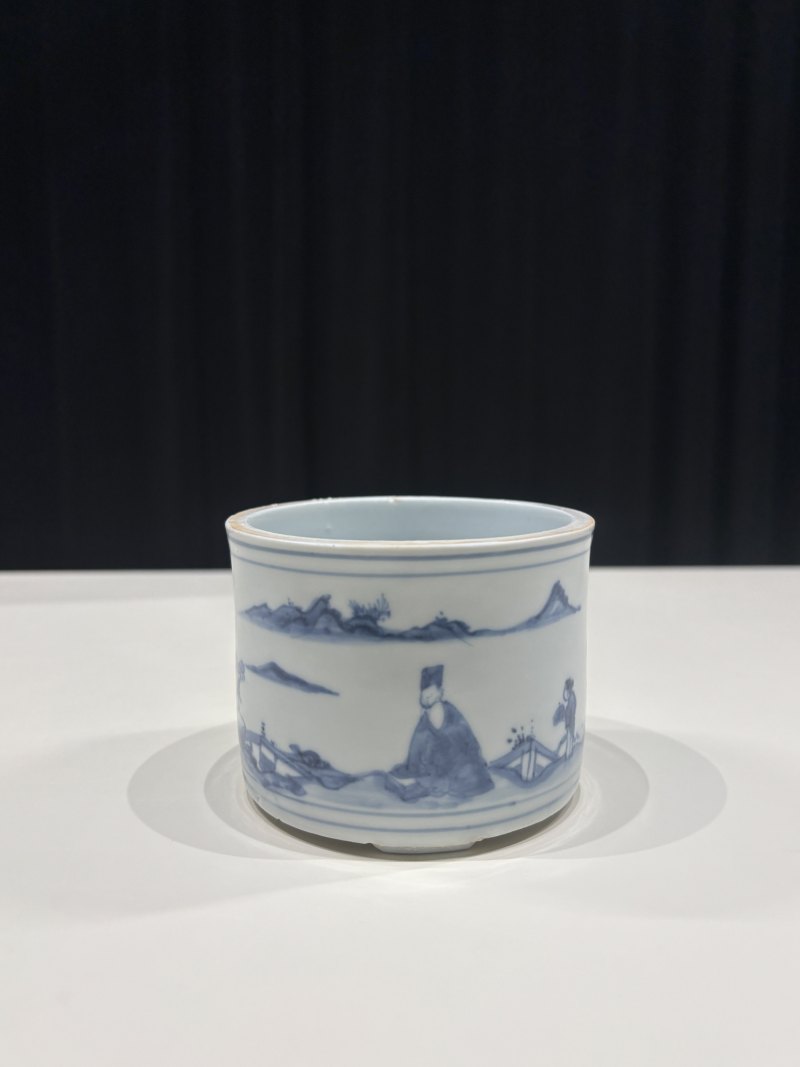 明崇祯 青花陶渊明爱菊图小琴炉 - 图2