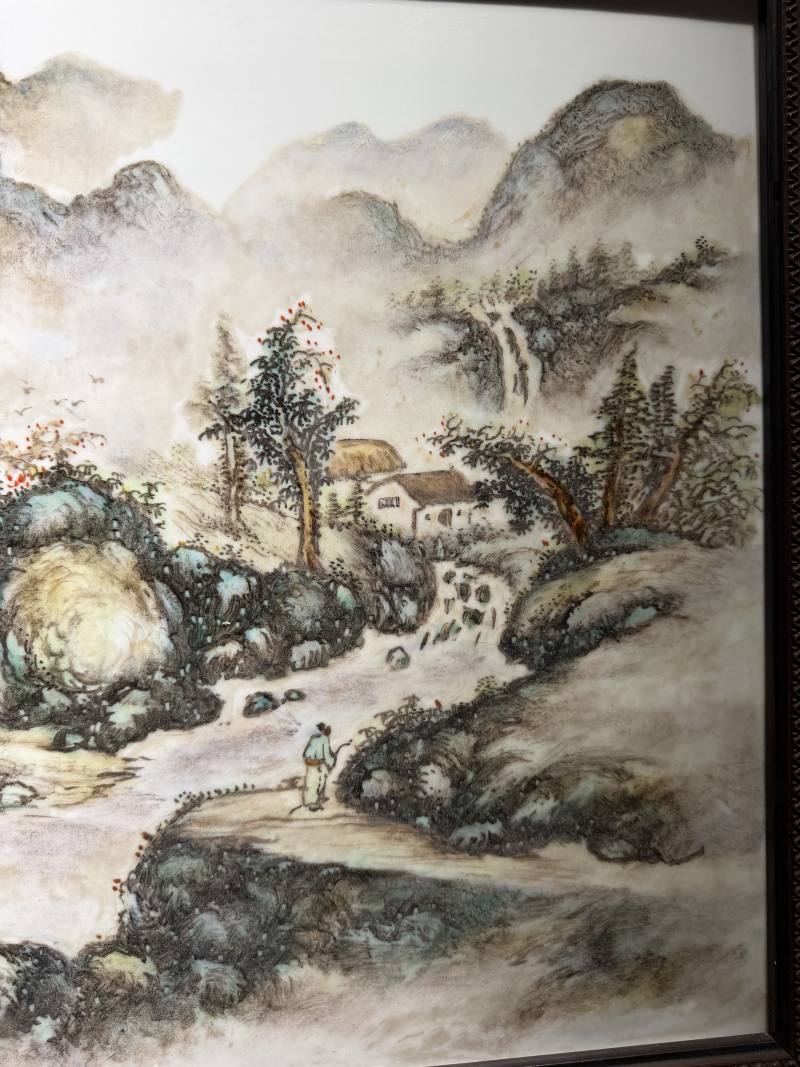 民国 “汪野亭”绘浅绛彩苏轼山水诗意图挂屏 - 图11