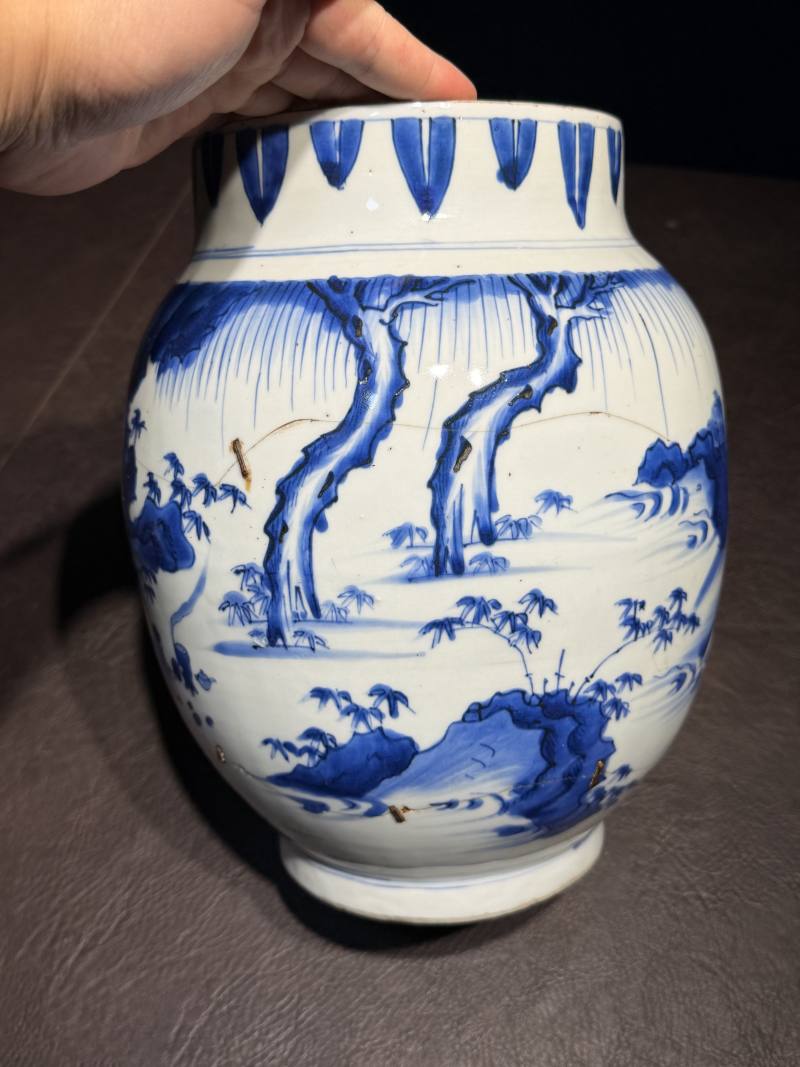 明崇祯 青花高士图莲子罐 - 图7