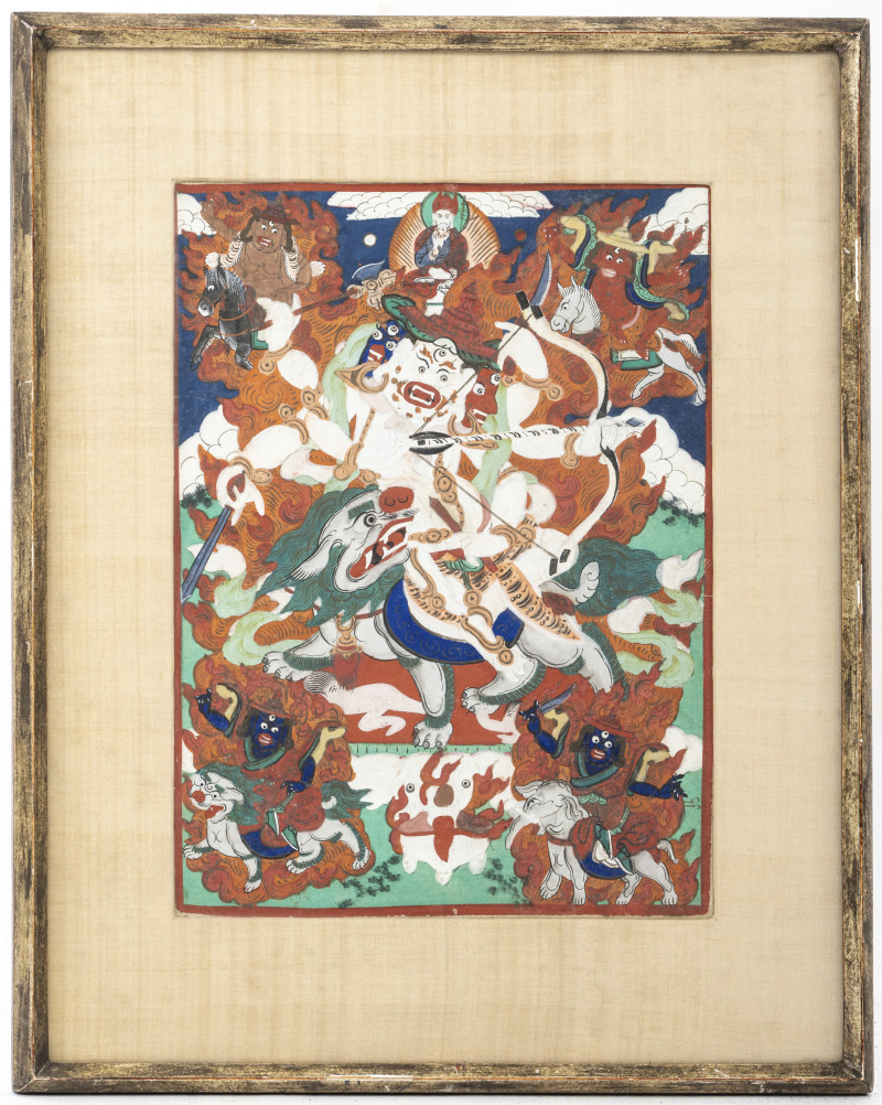 A small thangka depicting Pehar on a white Buddhist lion - 图2