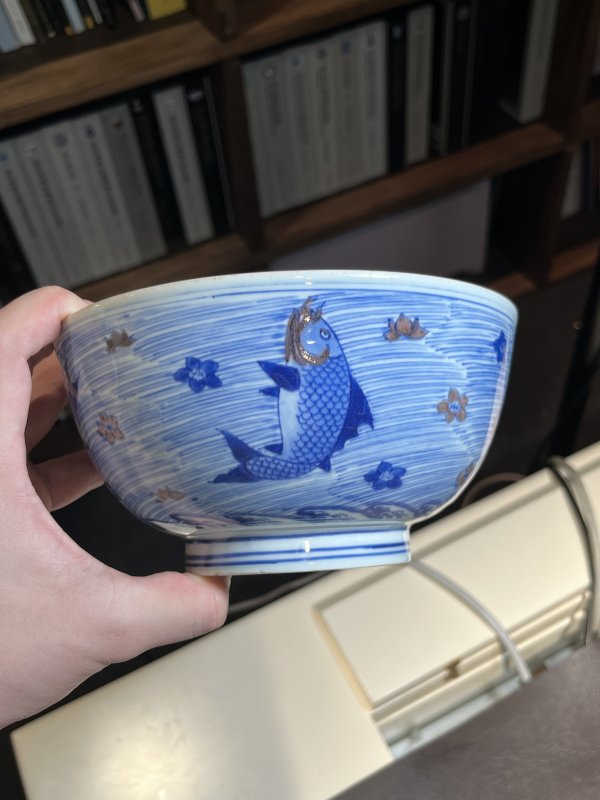 清康熙 青花釉里红鱼藻纹大碗 - 图6