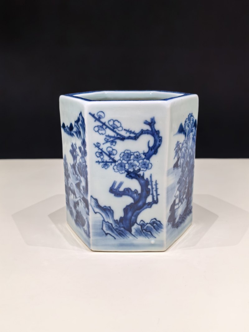 清嘉庆 青花山水人物笔筒 - 图6