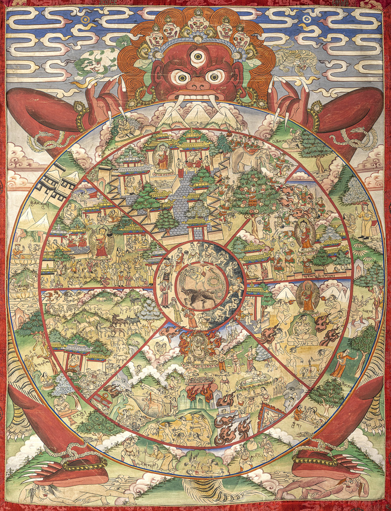 A THANGKA DEPICTING THE WHEEL OF LIFE, BHAVACHAKRA