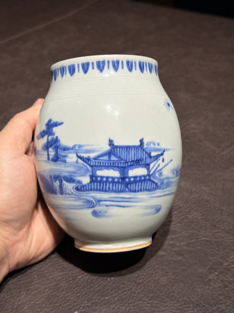 明崇祯 青花“海屋添筹”图莲子罐 - 图5