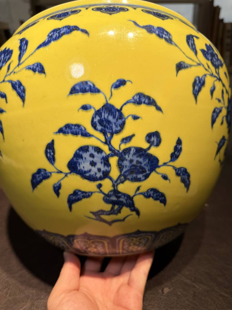 清乾隆 黄地青花折枝花卉纹缸 - 图8