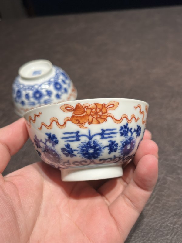 清道光 “嶰竹造”青花矾红莲托八宝茶圆一对 - 图7