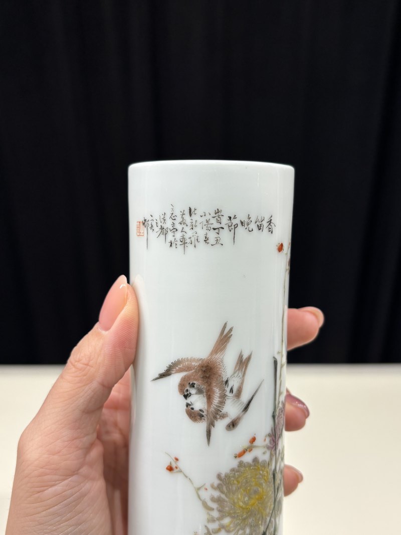 民国 程意亭花鸟图诗文香筒 - 图5