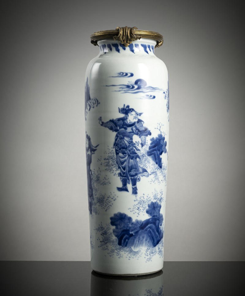 A blue and white 'warriors' sleeve vase (rolwagen) with gilt bronze mount