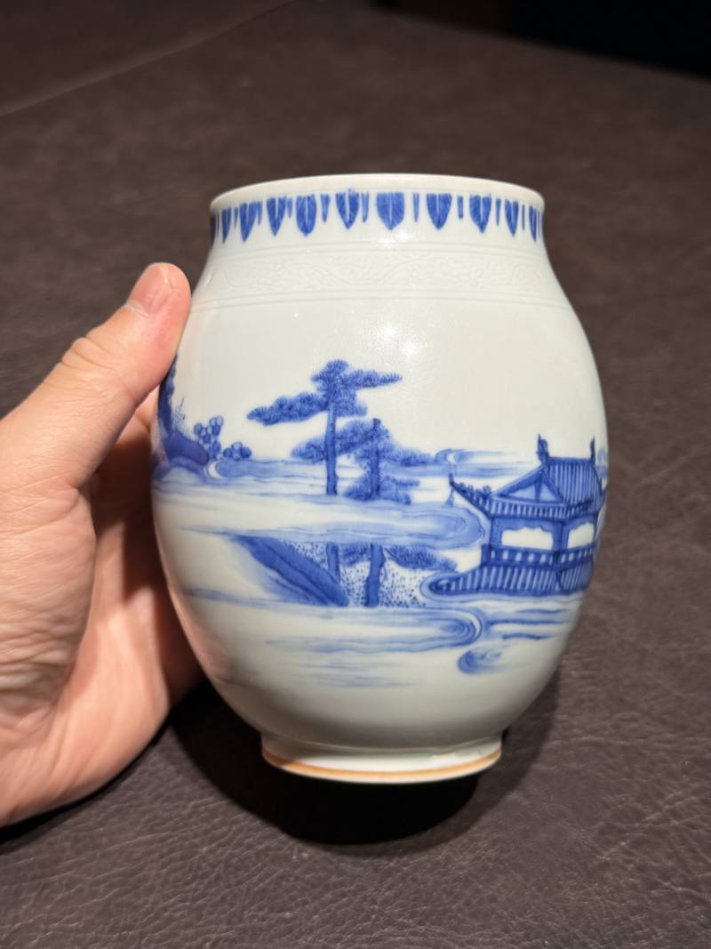 明崇祯 青花“海屋添筹”图莲子罐 - 图6
