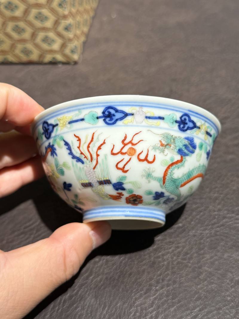 清光绪 青花五彩龙凤纹茶圆一对 - 图5
