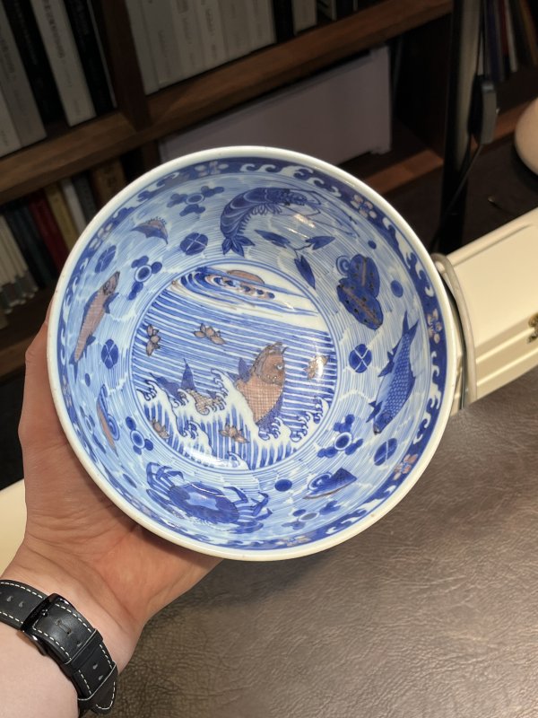 清康熙 青花釉里红鱼藻纹大碗 - 图11