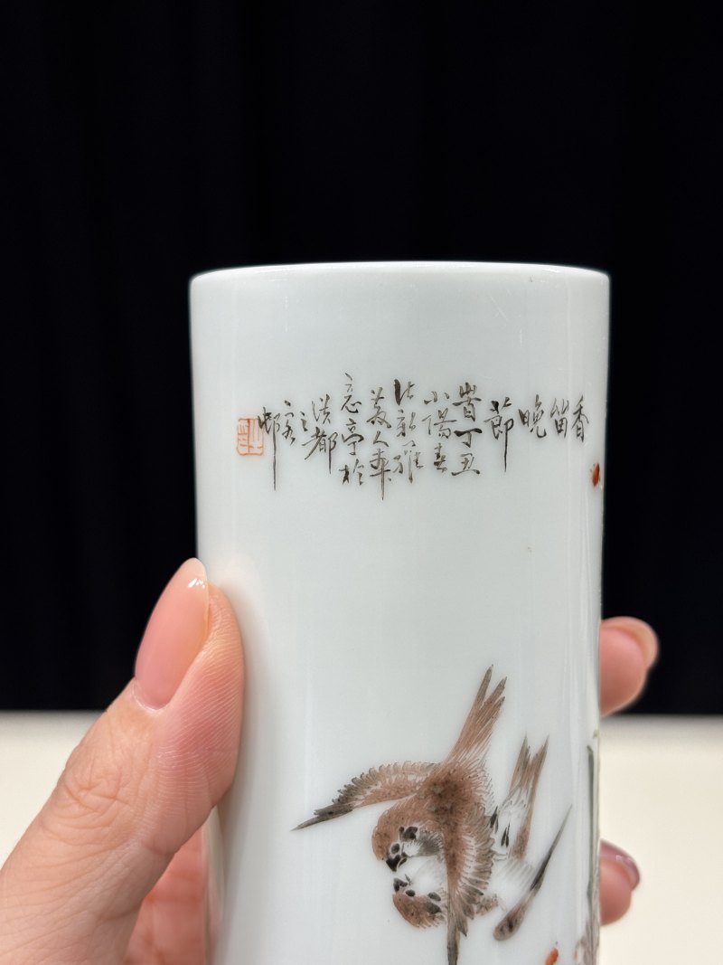 民国 程意亭花鸟图诗文香筒 - 图6