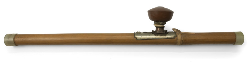 A bamboo opium pipe with paktong mounting and Yixing bowl