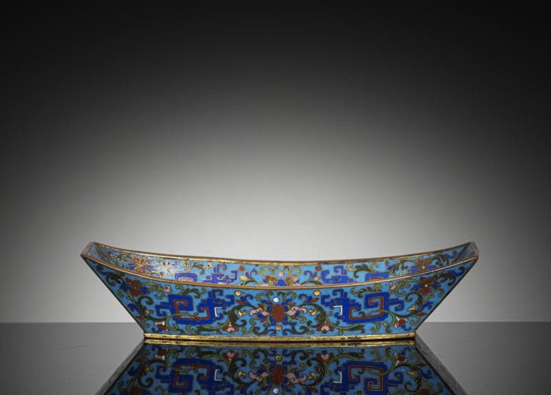 A cloisonné-enamelled bowl in the shape of an ingot with partial fire gilding