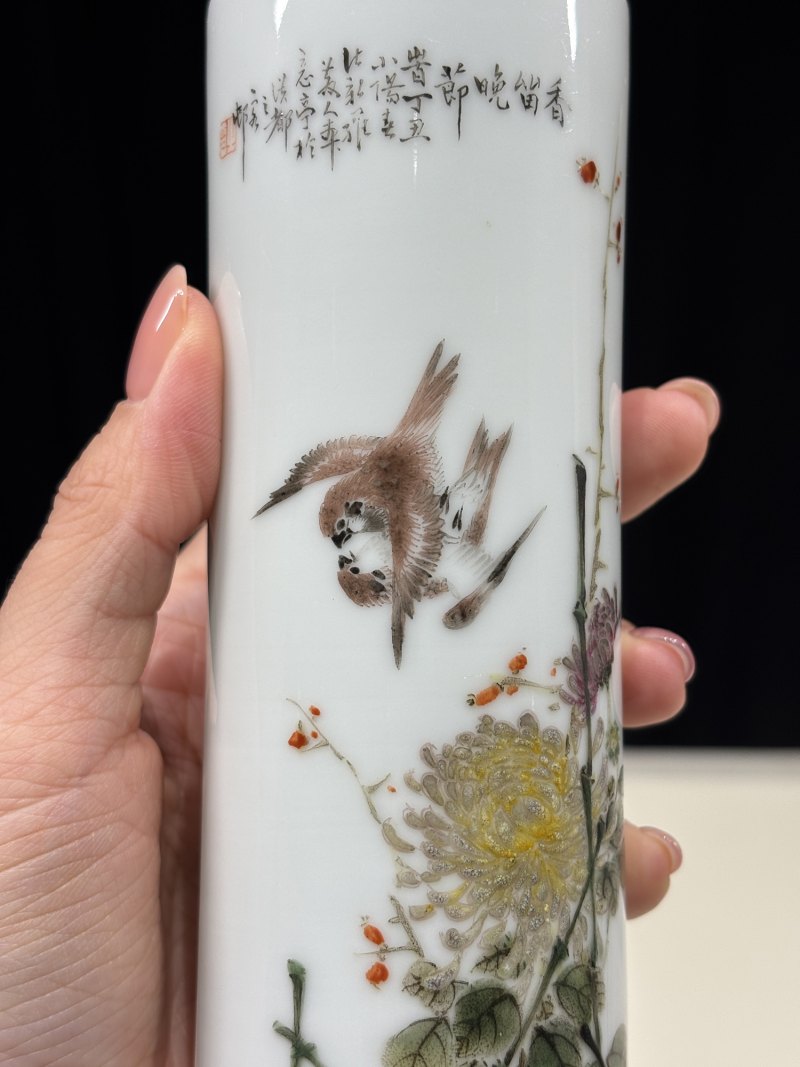 民国 程意亭花鸟图诗文香筒 - 图7