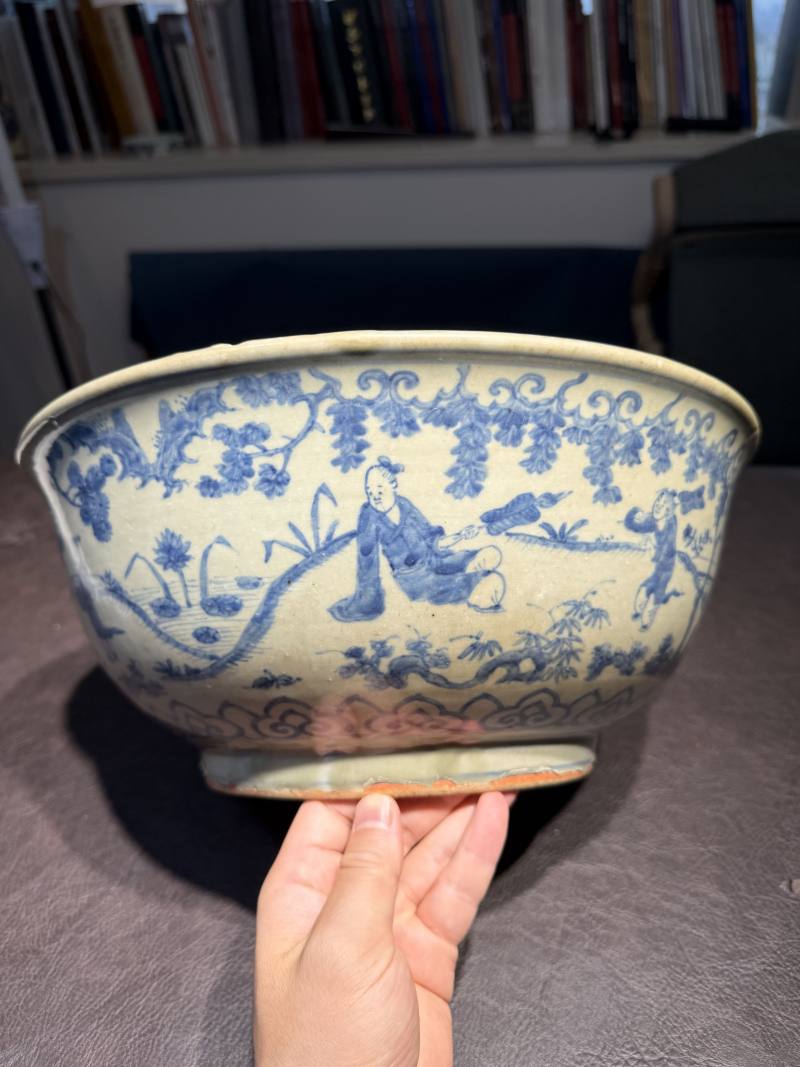 明嘉靖 青花庭院高仕图大碗 - 图12