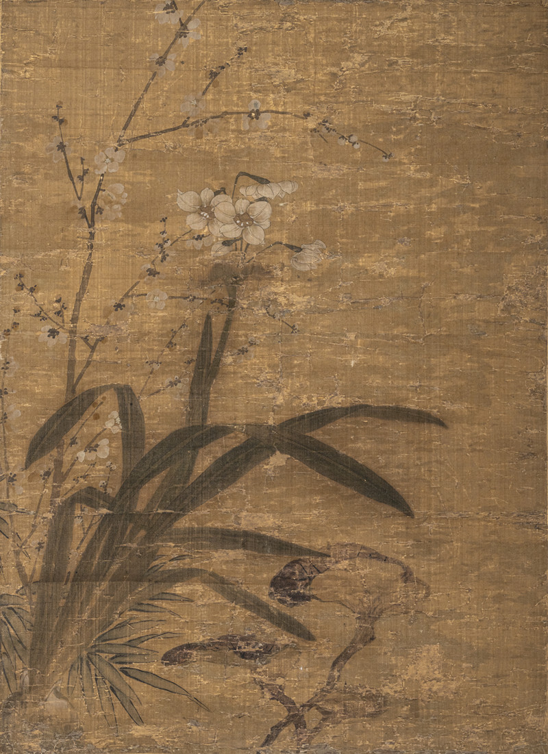 Anonymous painter: Still life - daffodils, prunus and lingzhi mushrooms, with calligraphy and commentary by Li Renren (1887-1968)