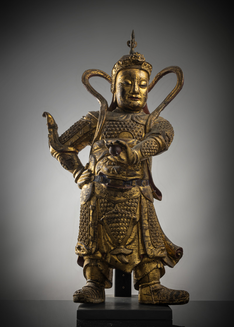 A LARGE GILT-LACQUERED WOOD FIGURE OF WEITUO