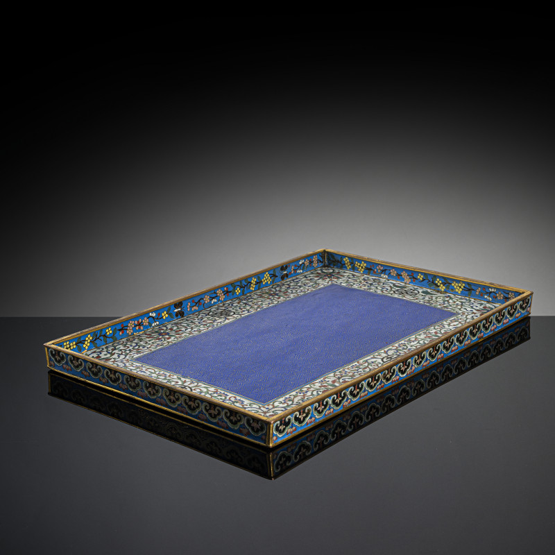 A rare rectangular cloisonné tray with lotus and shou characters