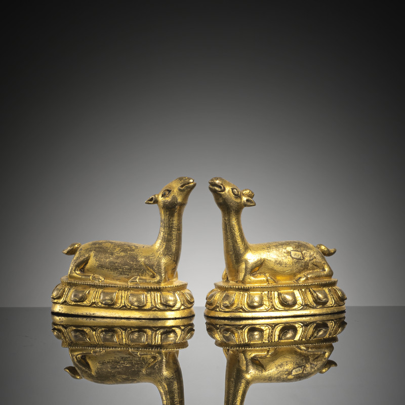 A PAIR OF GILT-BRONZE DEER