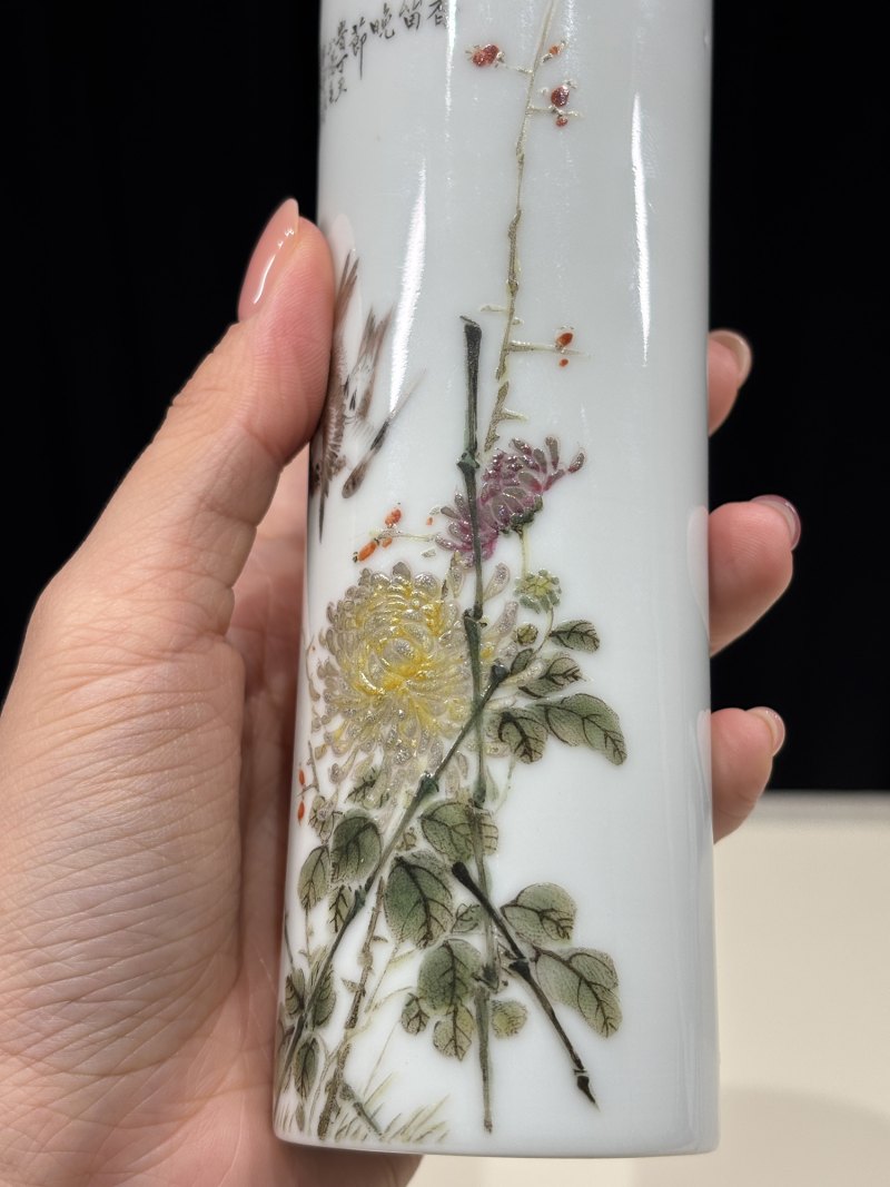 民国 程意亭花鸟图诗文香筒 - 图8