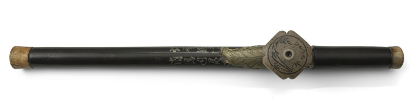 An inscribed black patinated bamboo opium pipe