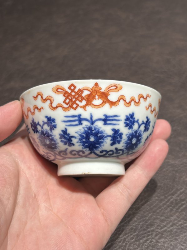清道光 “嶰竹造”青花矾红莲托八宝茶圆一对 - 图11