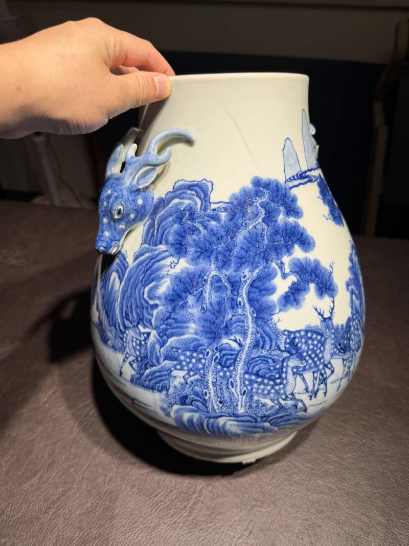清光绪 青花松鹿图鹿头尊 - 图4