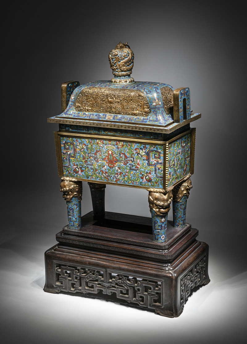 A very large and rare cloisonné censer and cover 'fangding' on a wooden stand