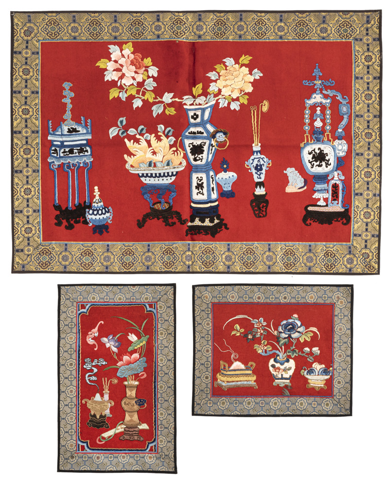 Three embroideries depicting the Hundred Antiquities