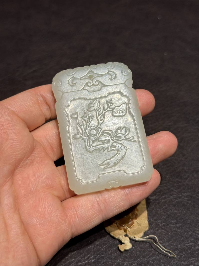 清乾隆 和田玉折枝桃花诗文玉牌 - 图4