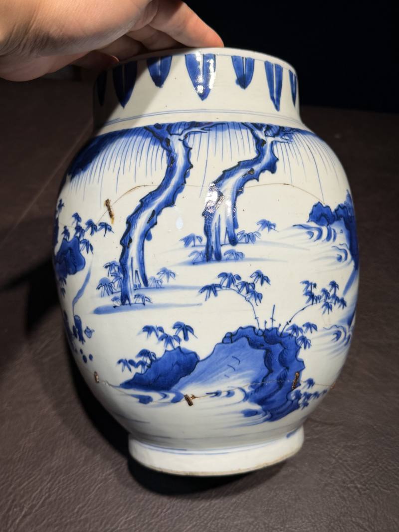 明崇祯 青花高士图莲子罐 - 图8