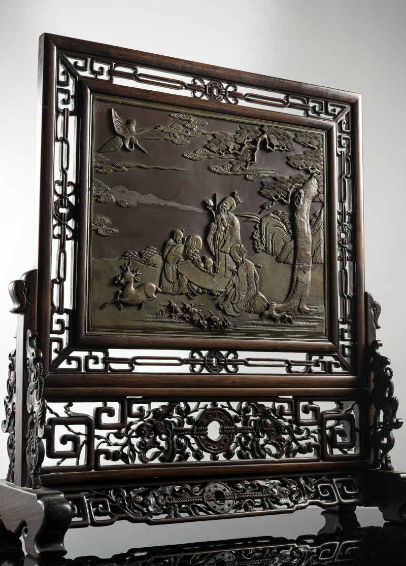 A fine carved Duan stone panel mounted as table screen - 图2