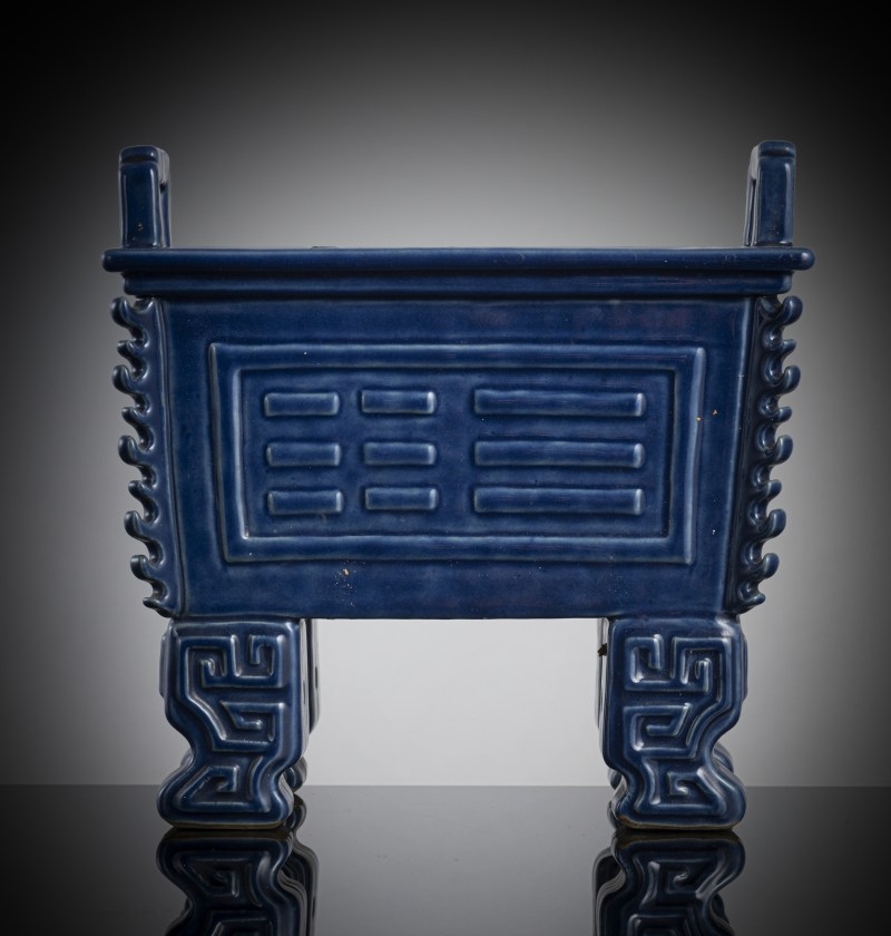 A powder blue glazed porcelain ritual vessel 'fang ding' with 'bagua' trigrams around the wall
