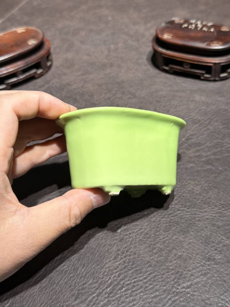 十八世纪 秋葵绿釉菖蒲盆一对（原配红木底座） - 图15