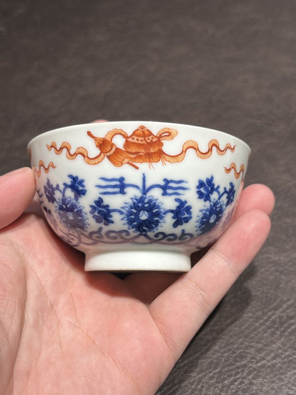 清道光 “嶰竹造”青花矾红莲托八宝茶圆一对 - 图13