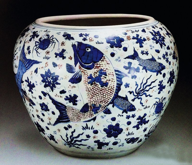 18世纪 青花釉里红鱼藻纹大缸 - 图14