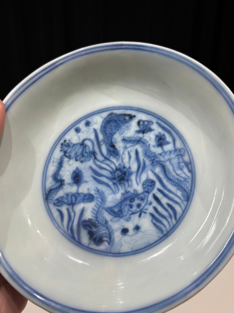 明成化 青花海水鱼藻纹盘 - 图4
