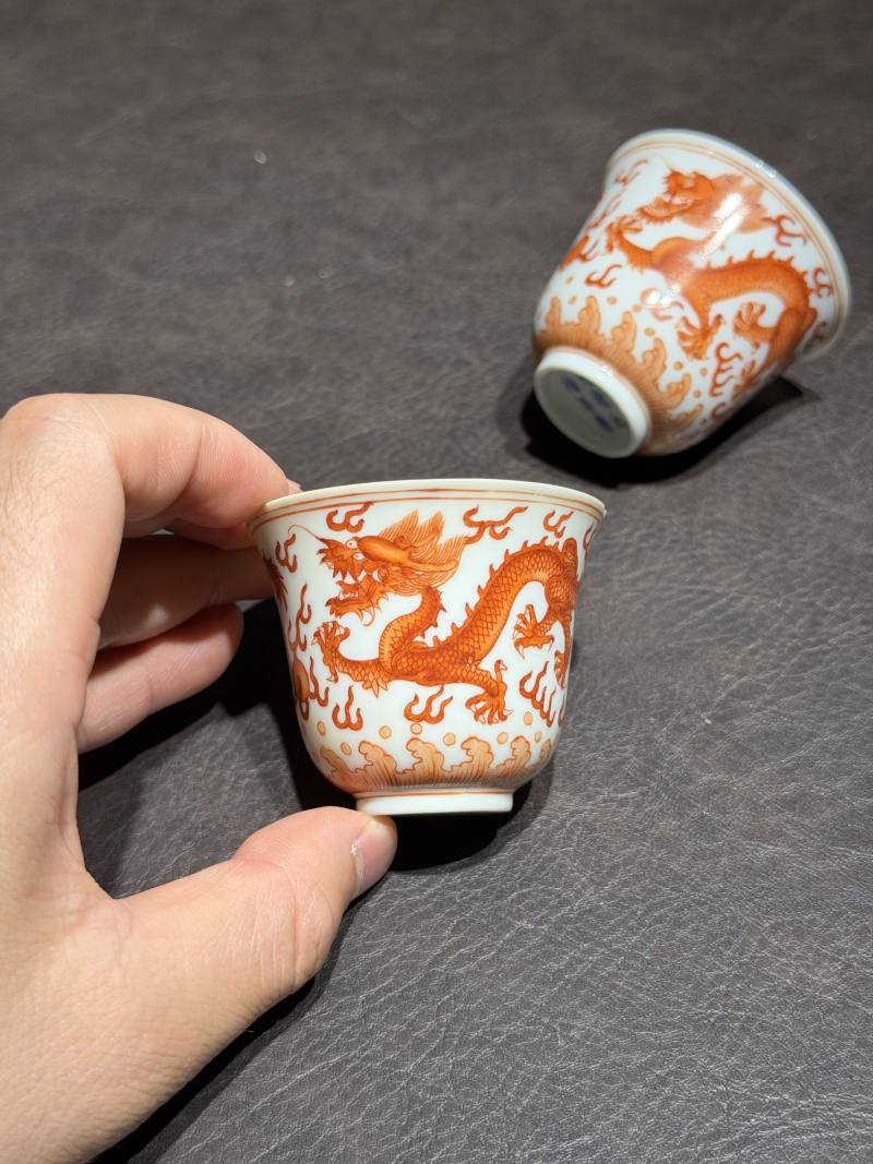 清光绪 矾红龙纹杯一对 - 图5