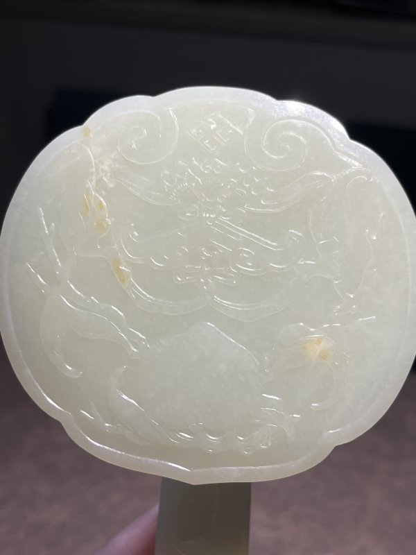 清乾隆 白玉雕福寿三多纹如意（原装老锦盒） - 图9