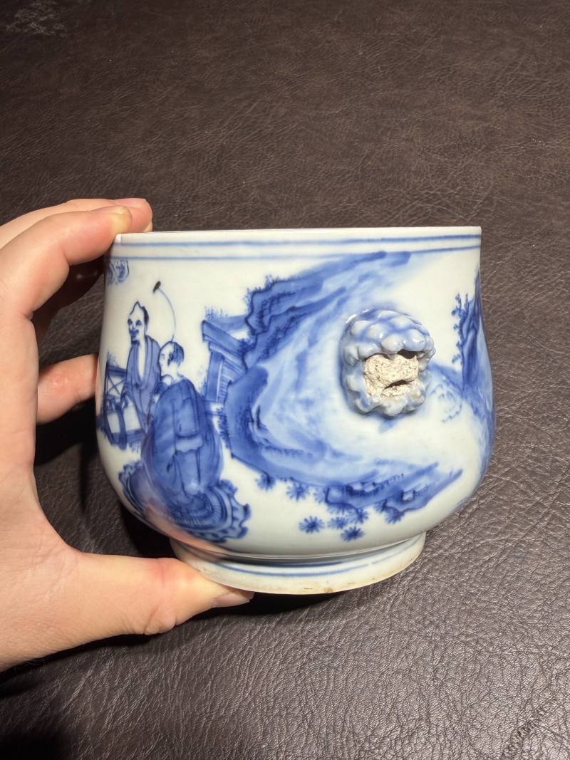 明崇祯 青花罗汉图狮耳炉 - 图21