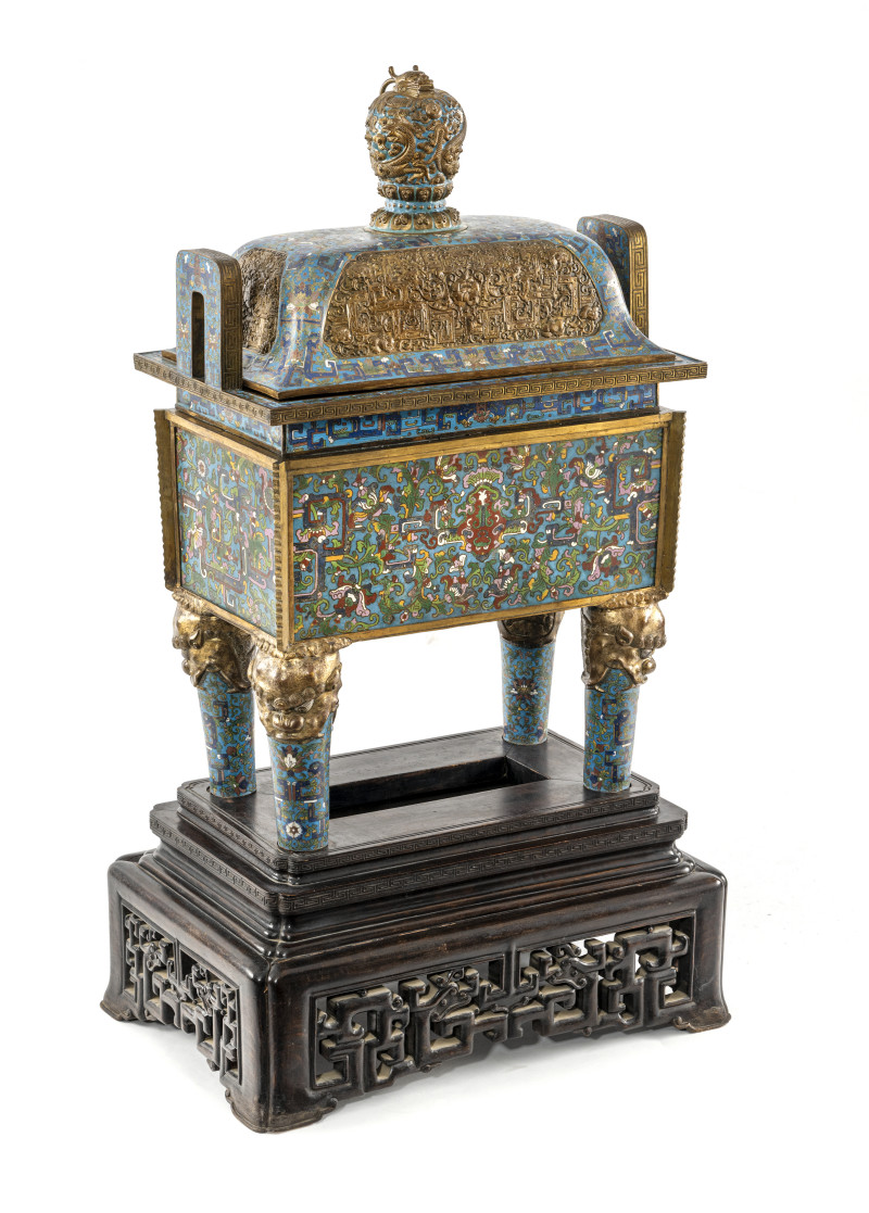 A very large and rare cloisonné censer and cover 'fangding' on a wooden stand - 图2